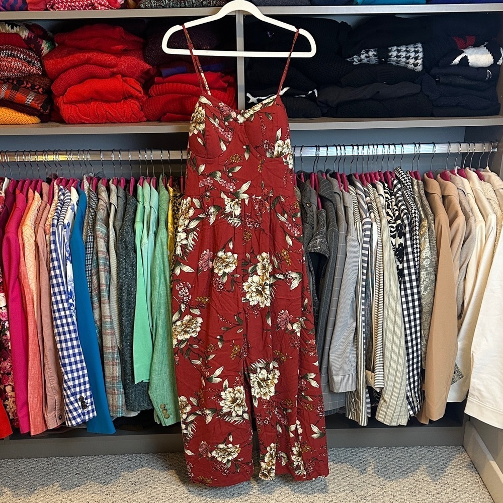 Xhilaration maroon/cream floral adjustable strap padded bust smocked jumpsuit L - Picture 1 of 3
